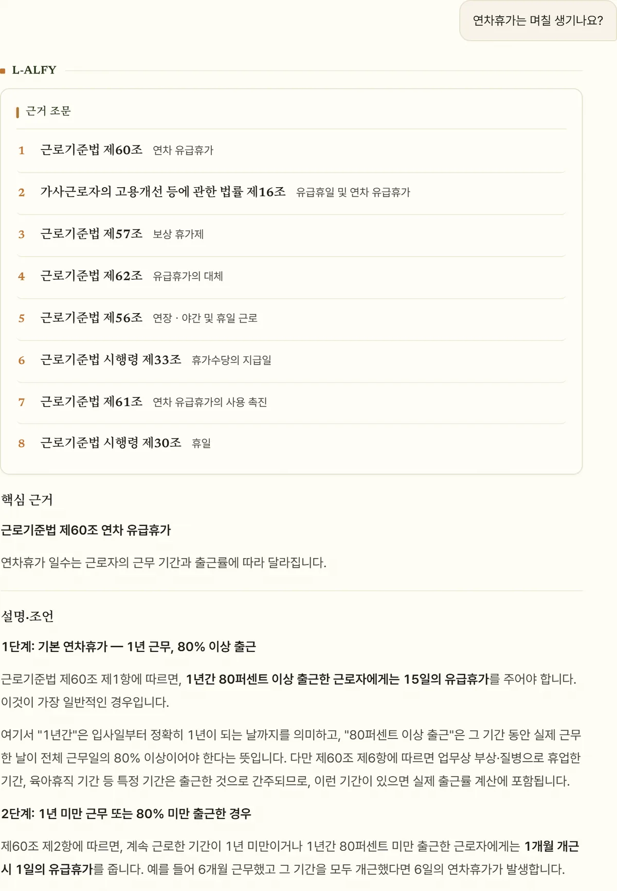 L-ALFY 상담 화면 일부 — “연차휴가는 며칠 생기나요?”라고 넣은 질문과, 그에 대해 먼저 제시된 근거 조문 목록의 앞부분